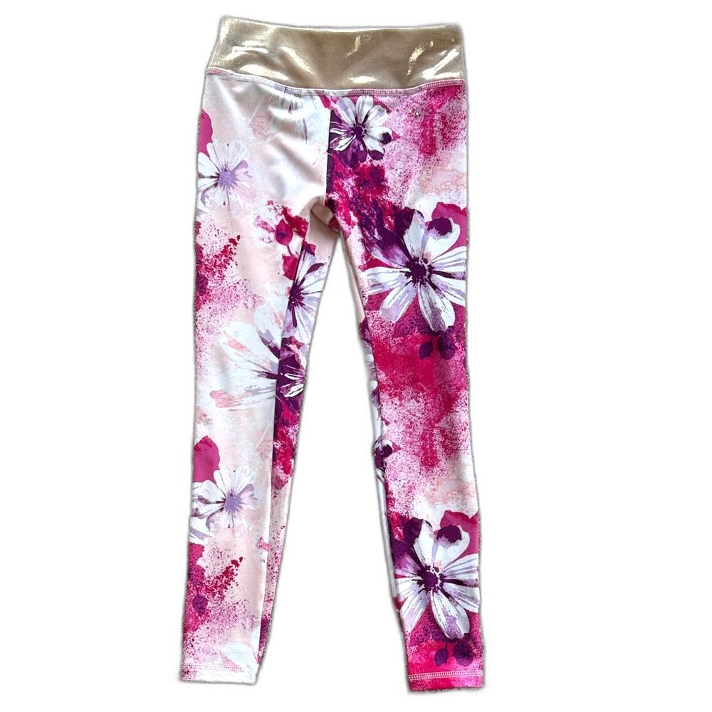 Justice Girls Size 7 Floral Leggings Pink Stretch Pants Gold Elastic Waist